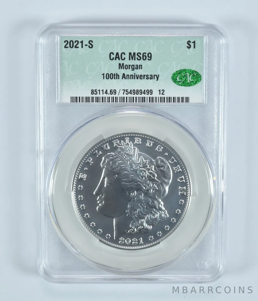 2021-S Morgan Silver Dollar MS69 CAC CACg 100th Anniversary