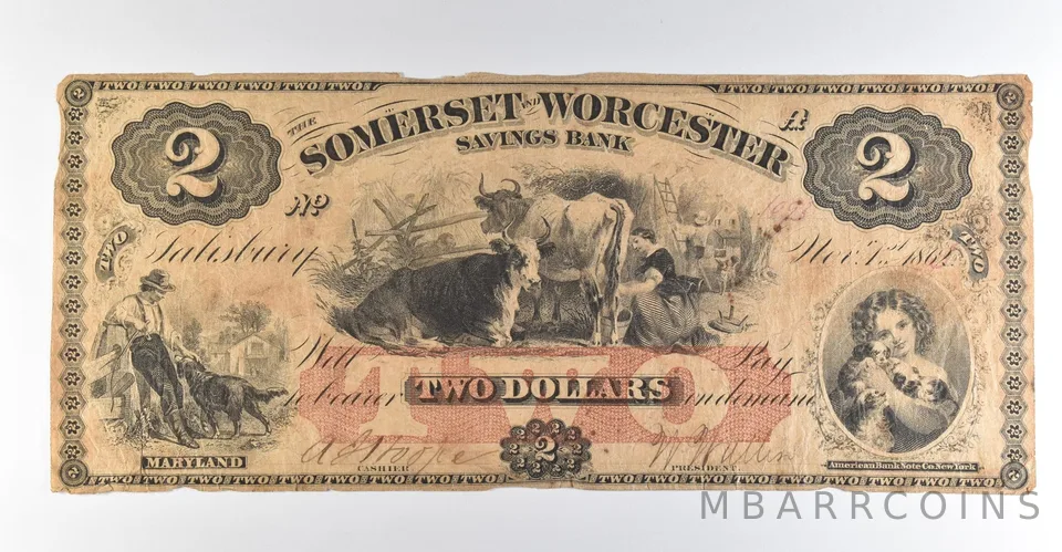 1862 $2 Salisbury MD Somerset & Worcester Savings Bank Obsolete Note *8488