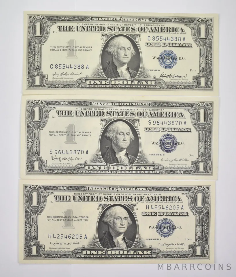 (3) $1 1957 (_)+A+B Silver Certificates Blue Seal Uncirculated (set of 3)