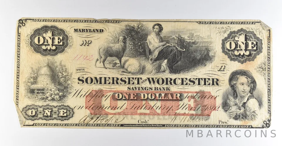 1862 $1 Salisbury MD Somerset & Worcester Savings Bank Obsolete Note *8493