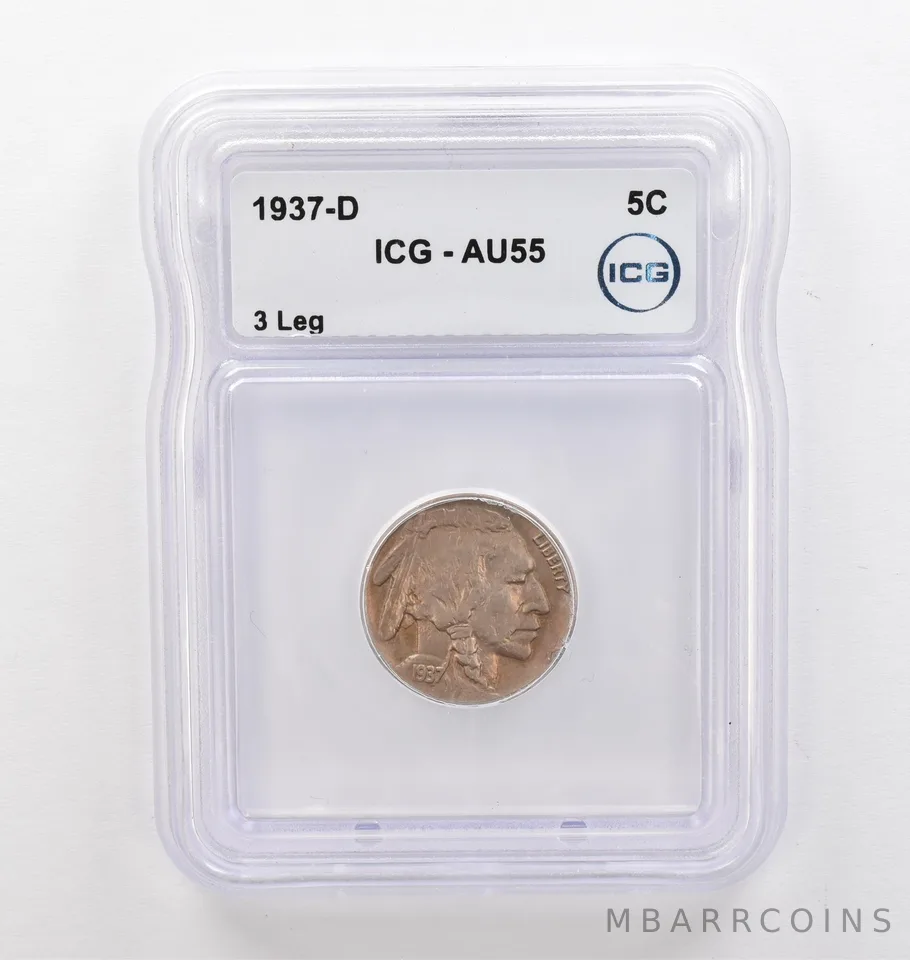 1937-D Indian Head Buffalo Nickel 3 Leg AU55 ICG Beautiful Tone *9774