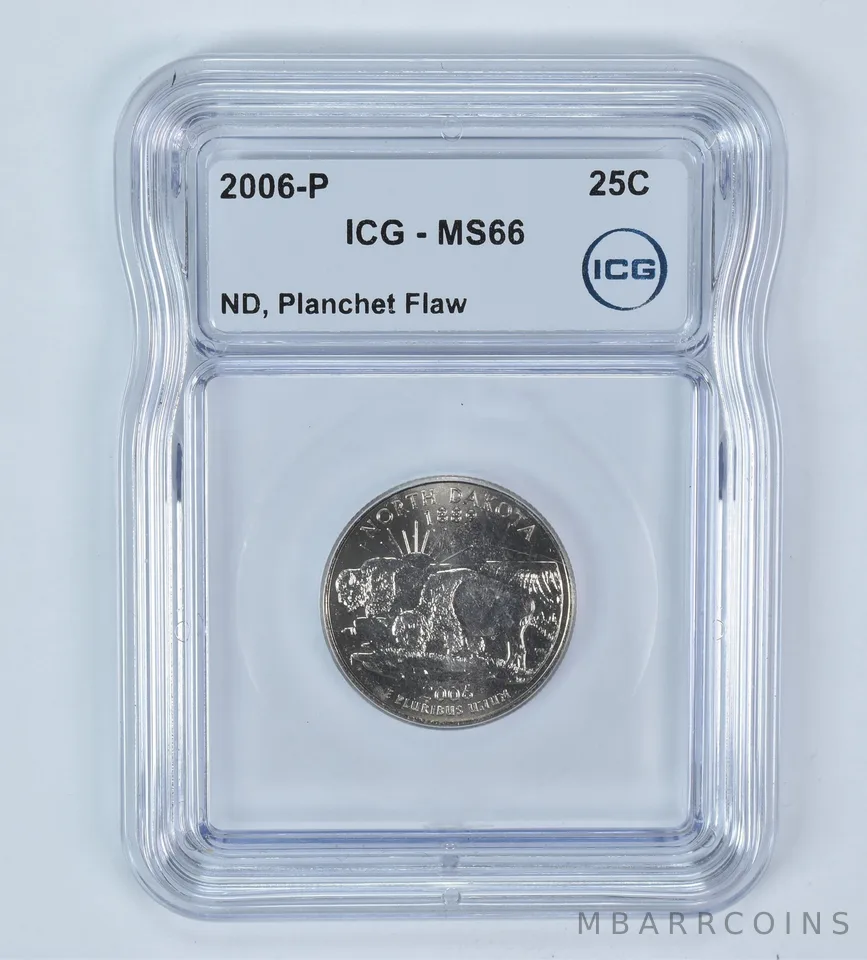 2006-P State Quarter North Dakota Mint Error Planchet Flaw MS66 ICG