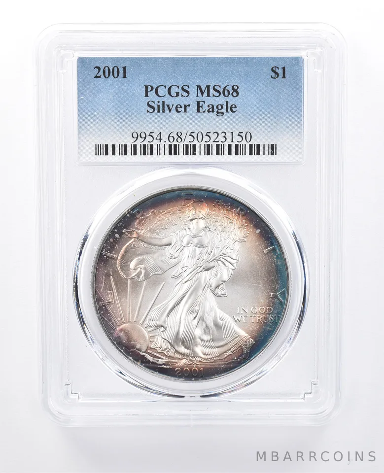 2001 American Silver Eagle MS68 PCGS Blue Peripheral Tone *7995