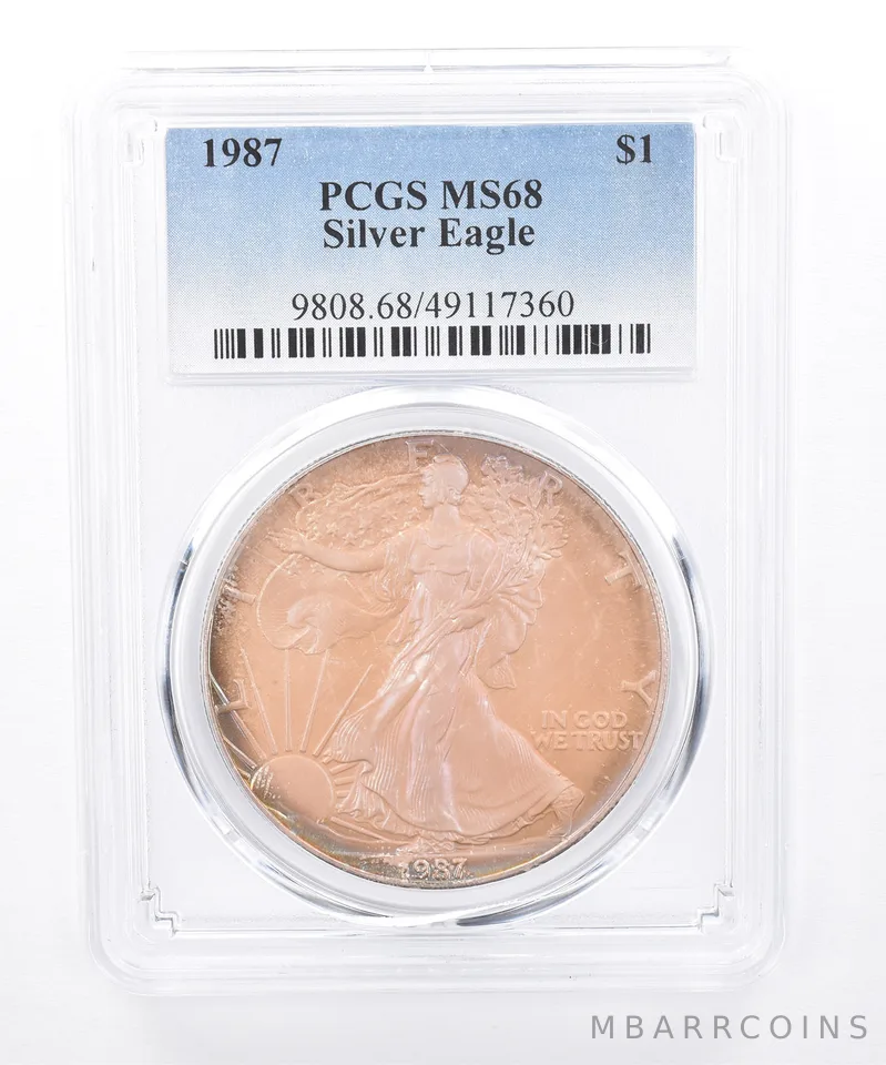 1987 American Silver Eagle MS68 PCGS Purple Iridescent Tone *8419