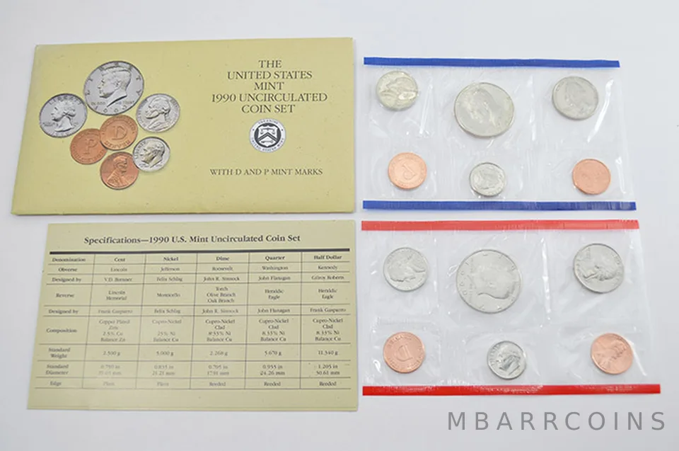 1990 Mint Set with Original Envelope & Flatpacks (10 coins)