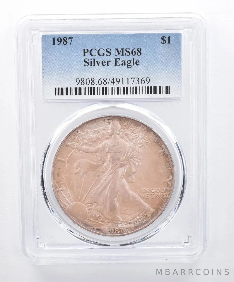 1987 American Silver Eagle MS68 PCGS Iridescent Tone *8422