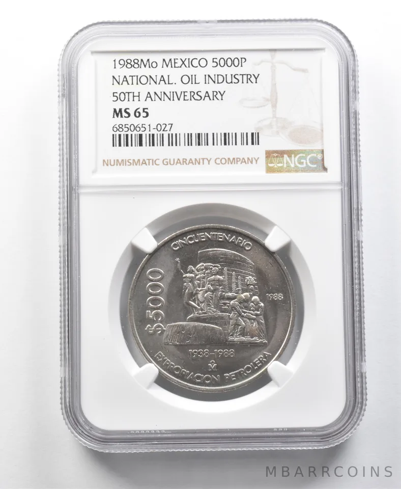 1988 Mo Mexico 5000 Pesos National Oil Industry 50th Anniversary MS65 NGC a8696