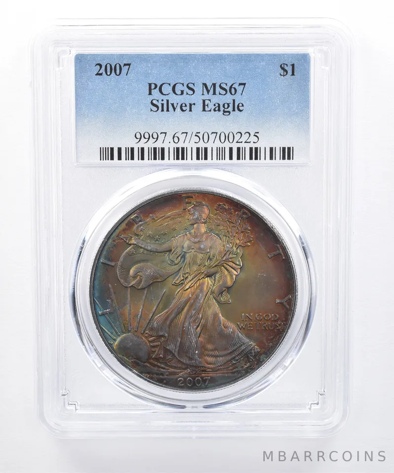 2007 American Silver Eagle MS67 PCGS Rainbow Tone *8436