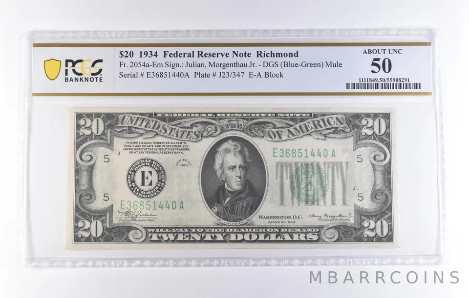 1934 $20 Richmond VA FRN Fr#2054a-EM DGS Blue-Green Mule About Unc 50 PCGS *8252