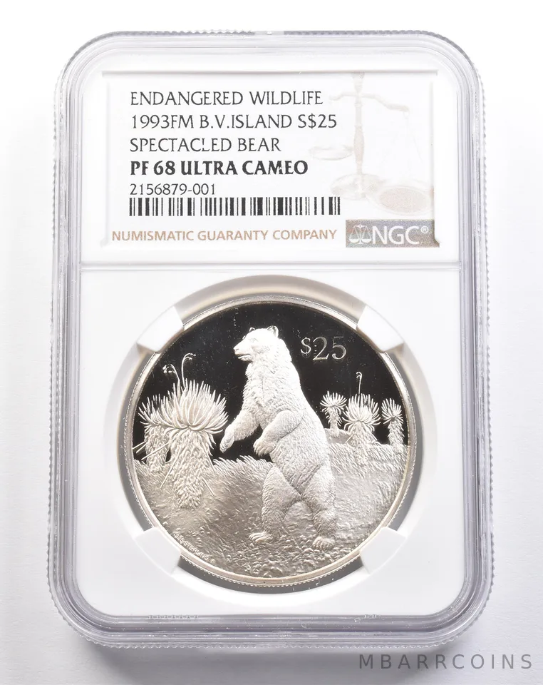 1993 FM British Virgin Islands $25 Silver Spectacled Bear PF68 UCAM NGC *4939