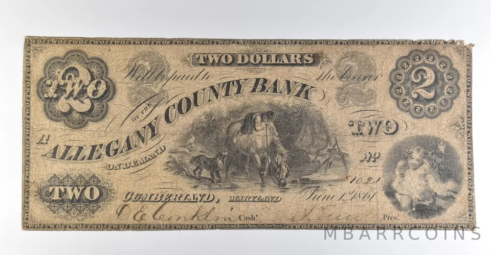1861 $2 Cumberland MD Allegany County Bank Obsolete Note *8497