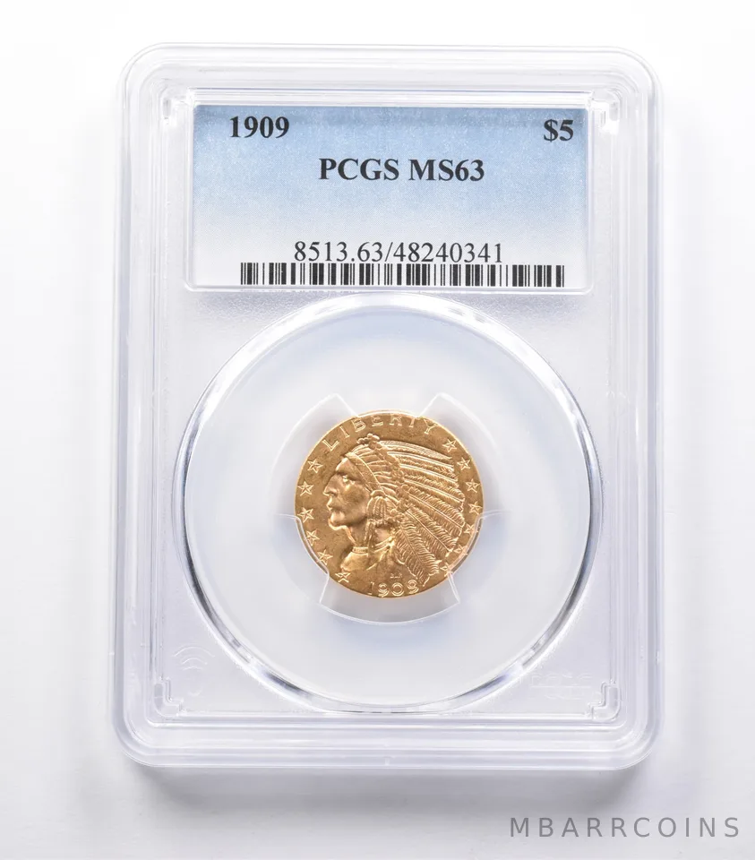 MS63 1909 $5 Indian Head Gold Half Eagle PCGS a4081