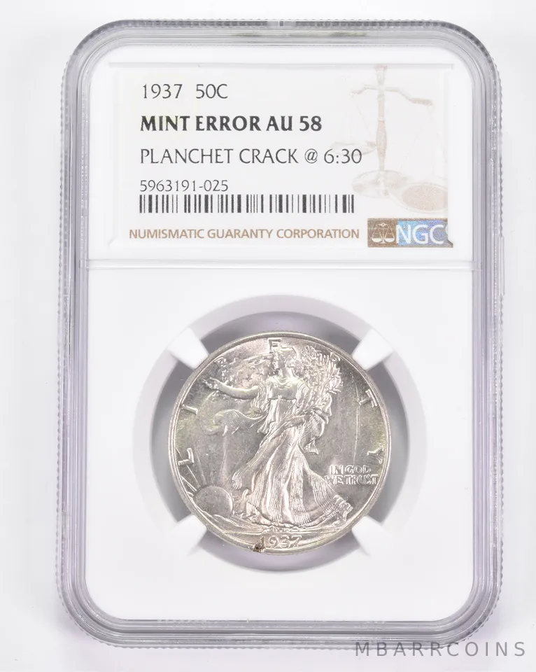 Mint Error AU58 1937 Walking Liberty Half Dollar Planchet Crack @ 6:30 NGC *8860