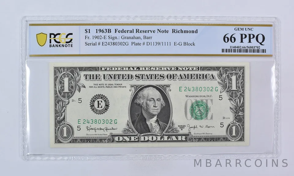 1963 B $1 Richmond VA FRN Fr#1902-E Gem Unc 66 PPQ PCGS Barr