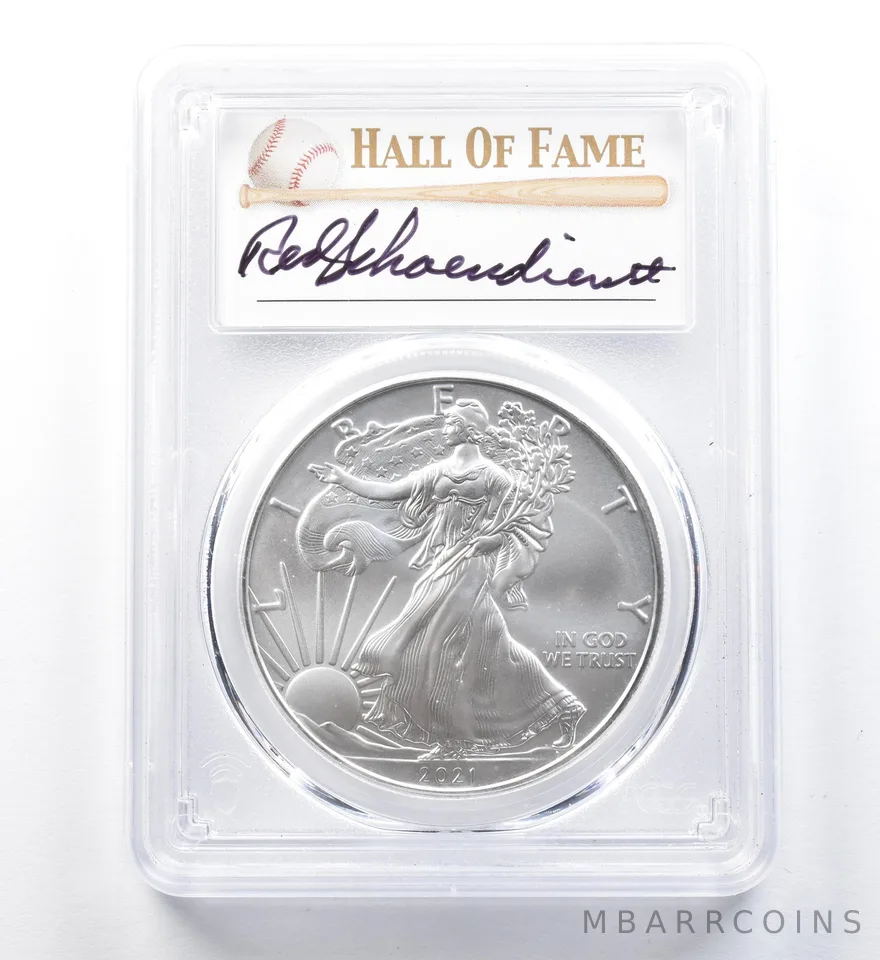 2021 American Silver Eagle Type 1 Red Schoendienst FDOI MS70 PCGS *1278