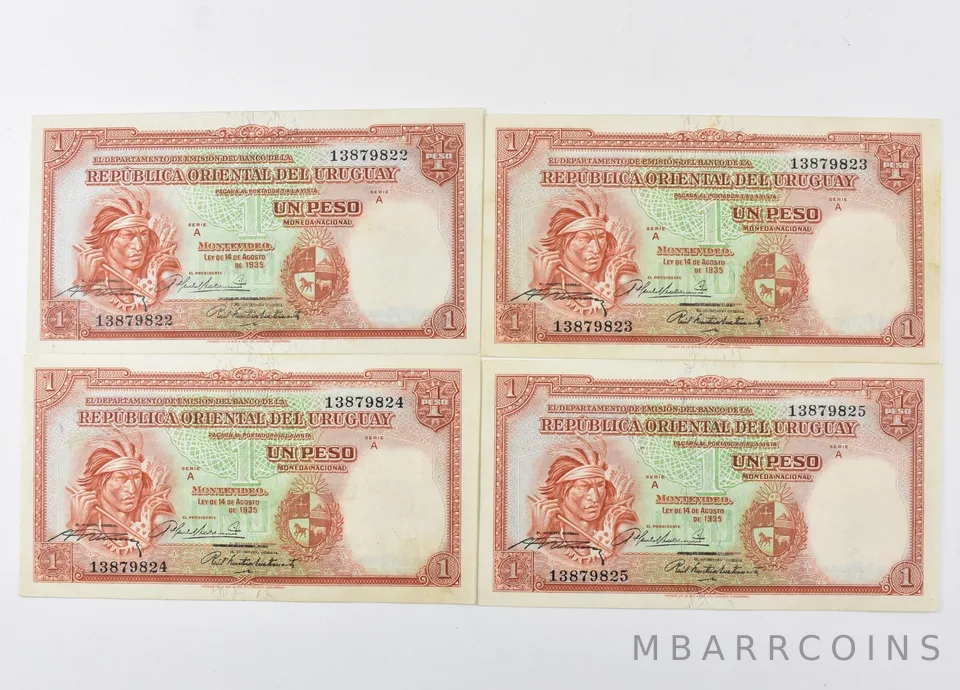 Lot (4) 1935 A Uruguay 1 Peso Consecutive Serial Numbers *3892