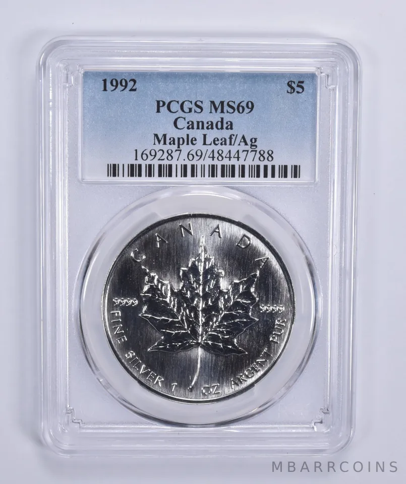 1992 Canada 5 Dollar Maple Leaf 1 Oz Silver MS69 PCGS Blue Label