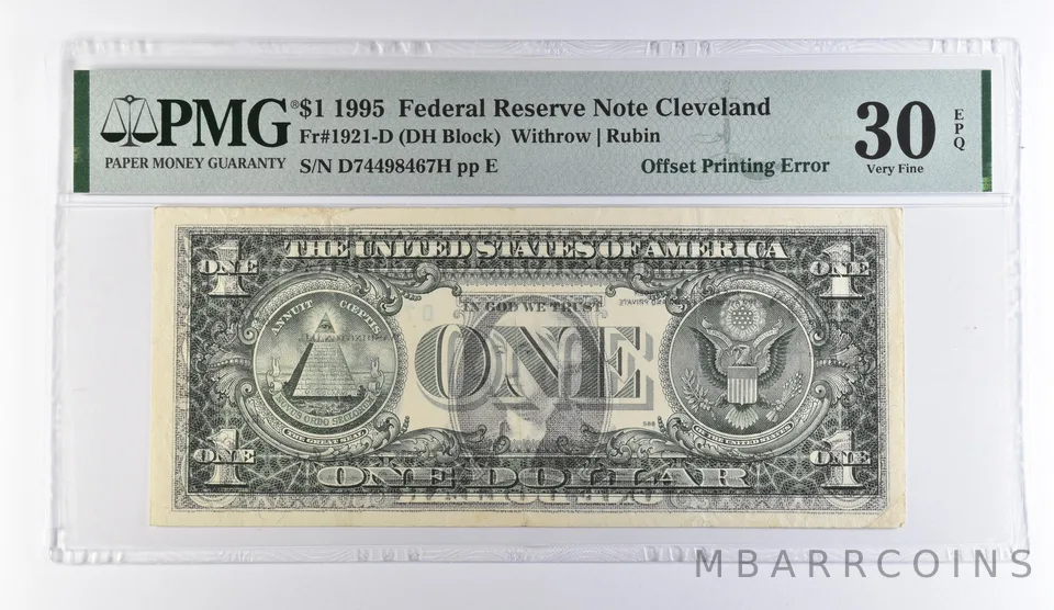 1995 $1 Cleveland OH FRN OffPrinting Error Fr#1921-D VF 30 EPQ PMG *9479