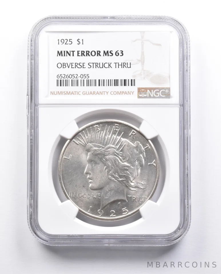 MS63 1925 Peace Silver Dollar Error OBV Struck Thru NGC *6633