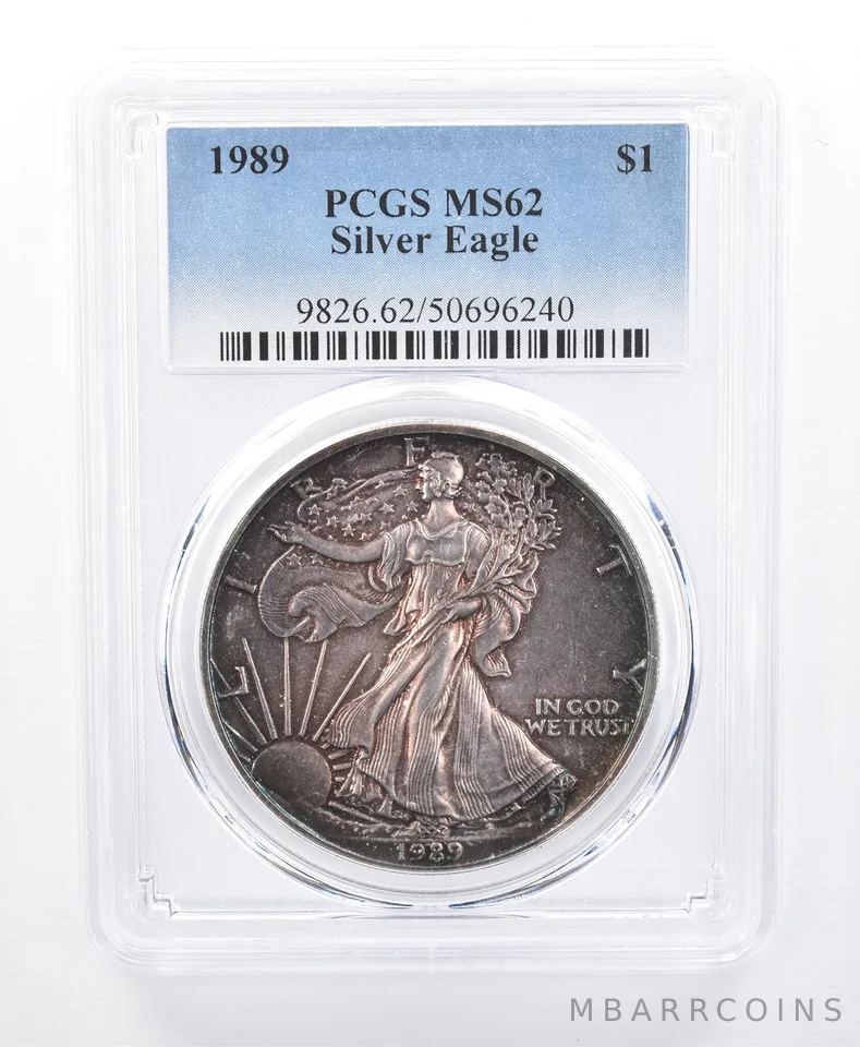 1989 American Silver Eagle MS62 PCGS Purple/Blue Tone *8660