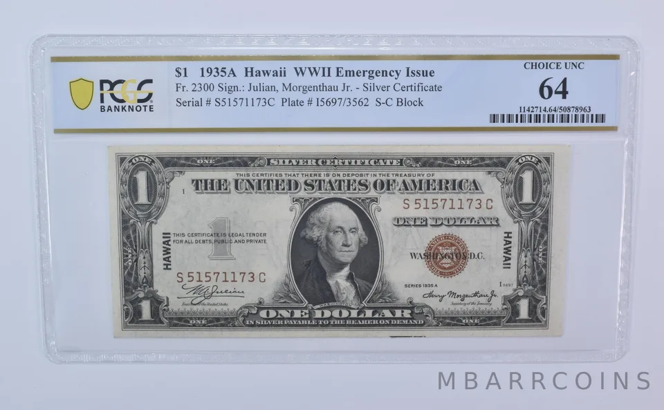 1935 A $1 Hawaii WWII Emergency Silver Certificate Fr#2300 Ch Unc 64 PCGS *8091