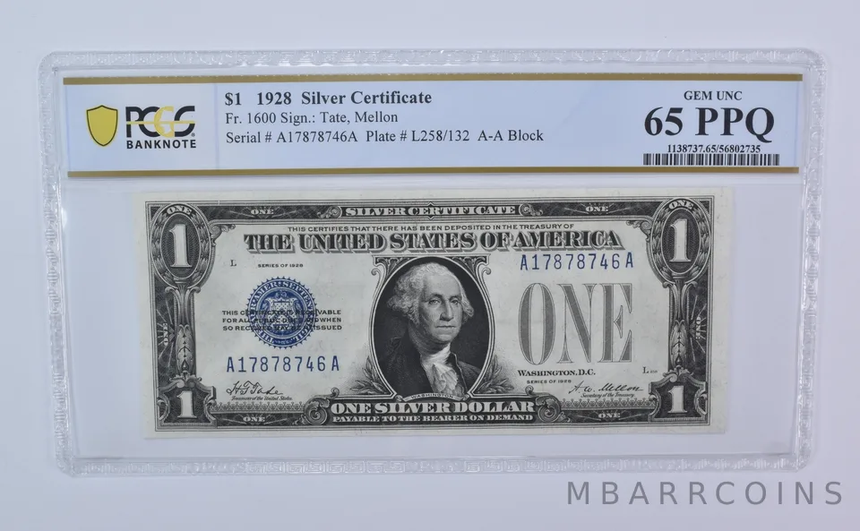 1928 $1 Silver Certificate Fr#1600 Gem Unc 65 PPQ PCGS *8118
