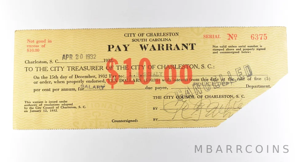 1932 $10 Charleston SC Pay Warrant Cancelled *3180