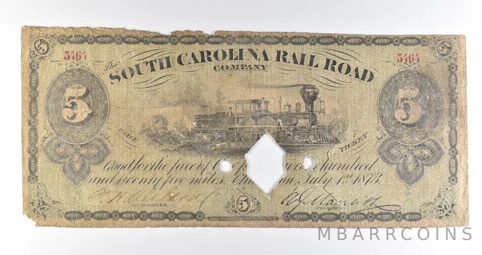 1873 $5 South Carolina Railroad Company Obsolete Note *8393