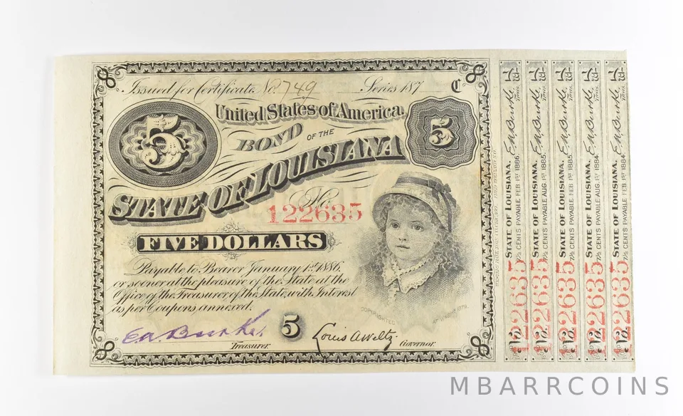 1870s $5 State of Louisiana 'Baby Bonds' US Obsolete Currency *3926