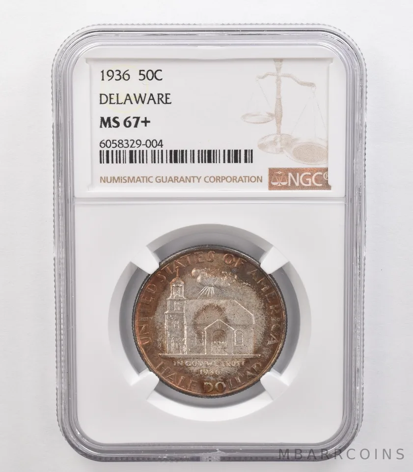 1936 Delaware Commemorative Half Dollar MS67+ NGC PQ Beautiful Tone a0716