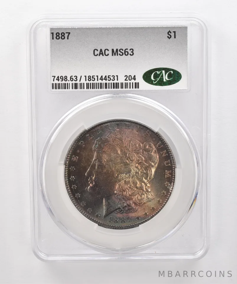 1887 Morgan Silver Dollar MS63 CAC CACg Beautiful Tone *2037