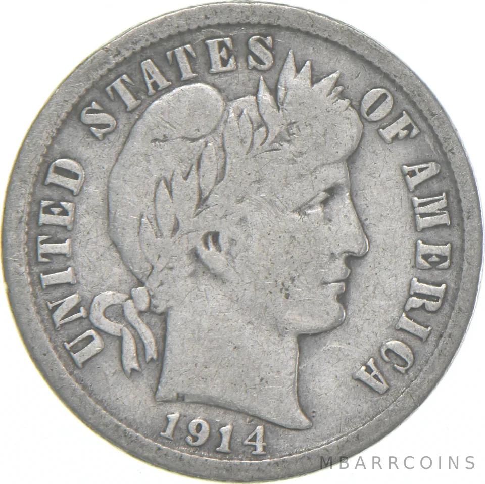 1914-D Barber Dime 90% Silver Average Circ
