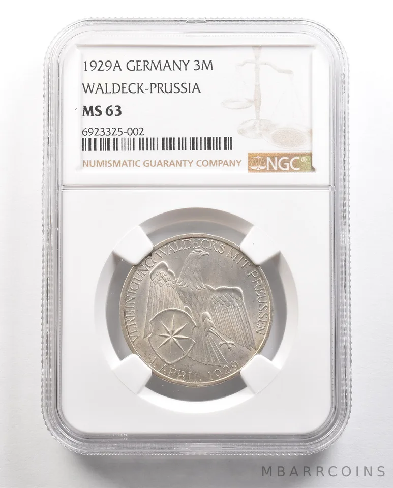 1929 A Germany 3 Marks Waldeck-Prussia MS63 NGC *6496