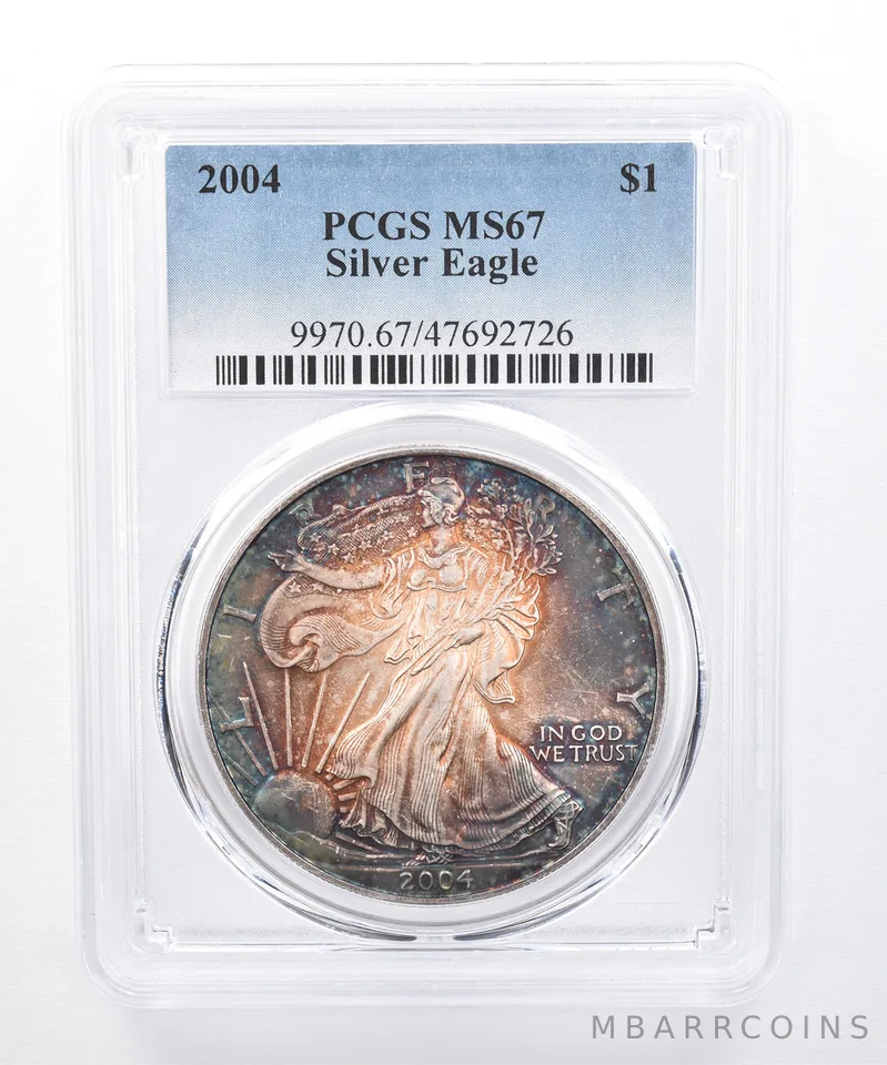 2004 American Silver Eagle MS67 PCGS Rainbow Tone *8449