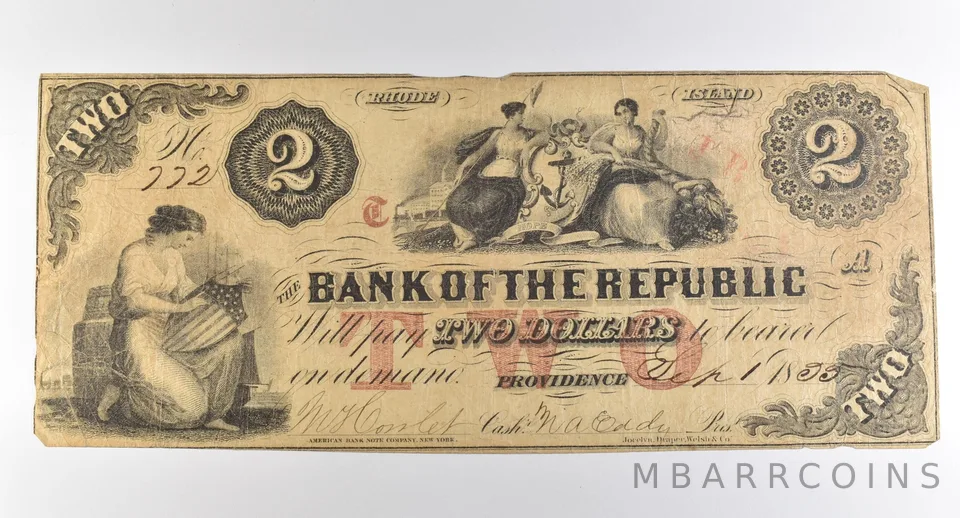 1855 $2 Providence RI Bank Of The Republic Obsolete Note *3860
