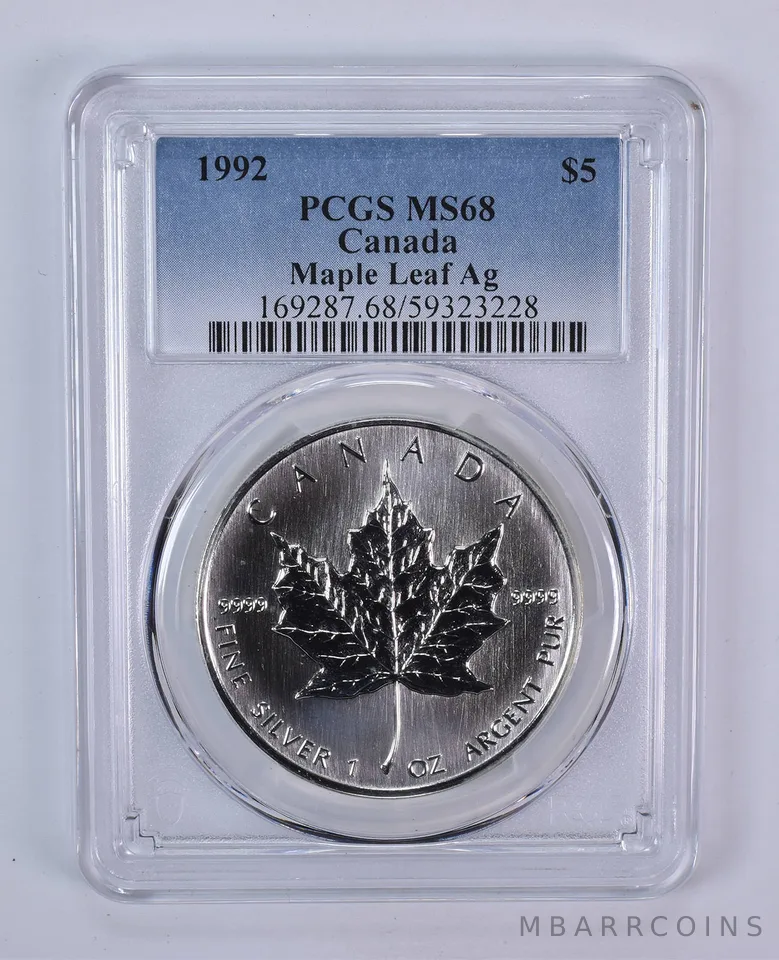 1992 Canada 5 Dollars Silver Maple Leaf MS68 PCGS Blue Label