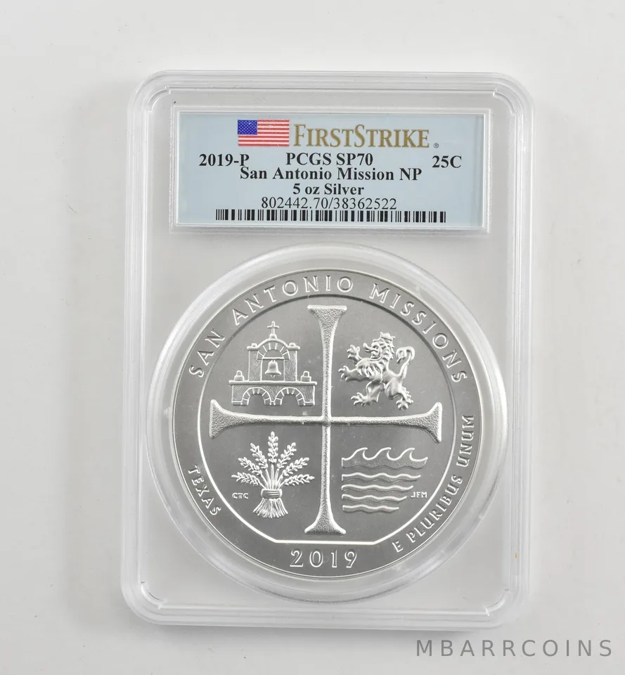 2019-P 5 Oz Silver Quarter ATB San Antonio Mission SP70 PCGS *1763