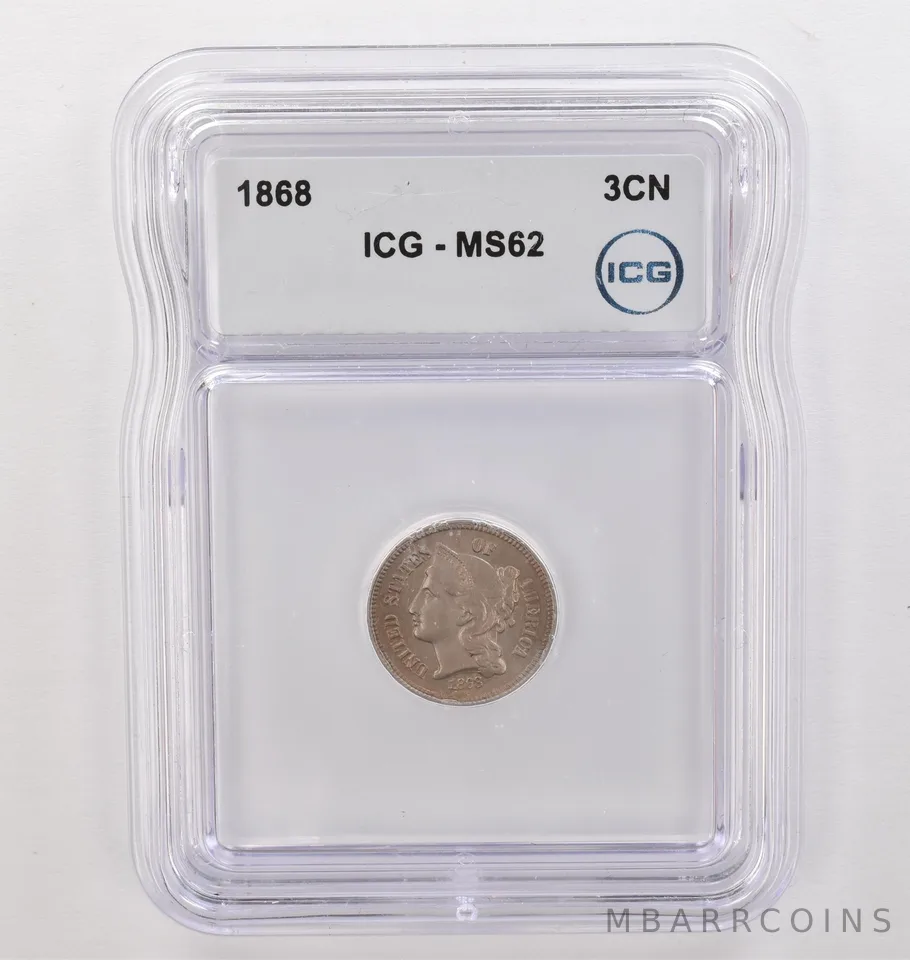 1868 Three Cent Nickel MS62 ICG Beautiful Tone *4176