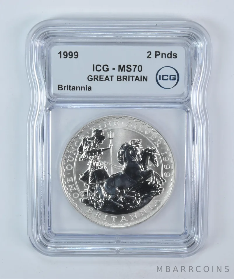 1999 Great Britain 2 Pounds Silver Britannia MS70 ICG a5813