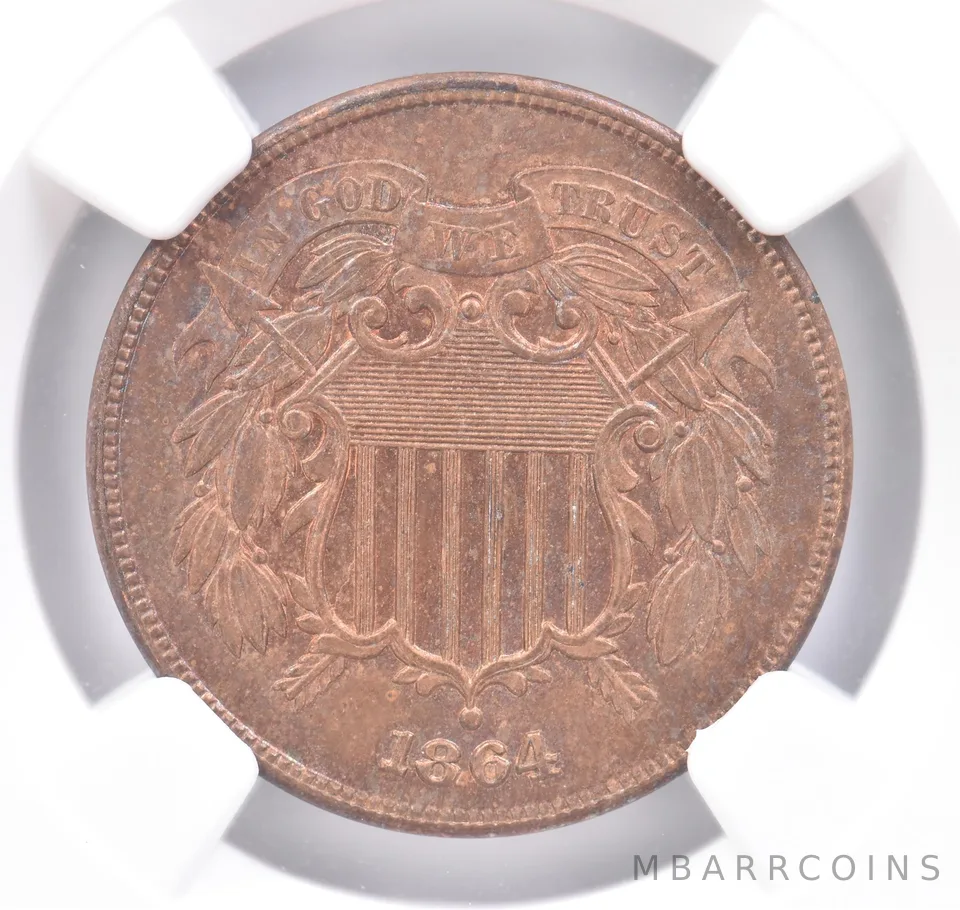 1864 Shield Motto Two Cent Large Motto MS62 RB NGC Beautiful Tone *1783