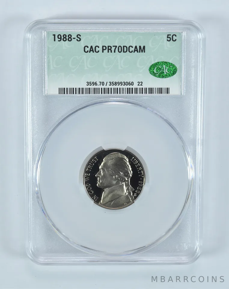 1988-S Jefferson Nickel PR70 DCAM CAC CACg