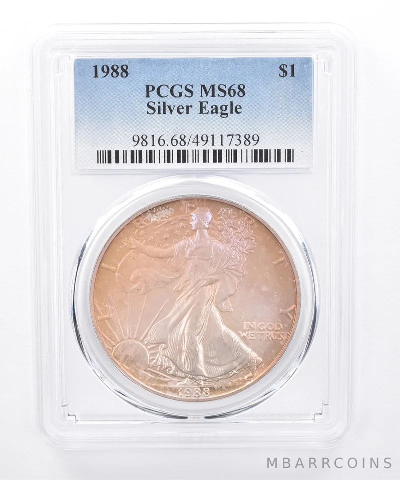 1988 American Silver Eagle MS68 PCGS Purple/Orange Tone *8416