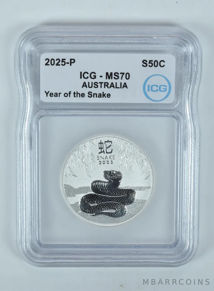 2025 P Australia 50 Cents Silver Year Of The Snake 1/2 Oz MS70 ICG