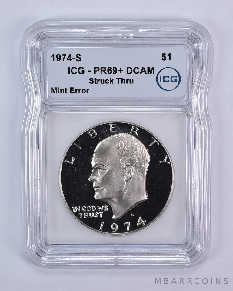 1974-S Eisenhower $1 Mint Error Struck Thru PR69+ DCAM ICG