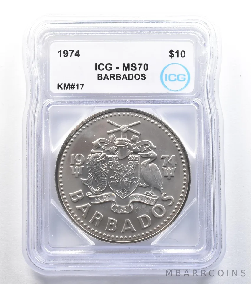 1974 Barbados 10 Dollars Silver KM#17 MS70 ICG *8008