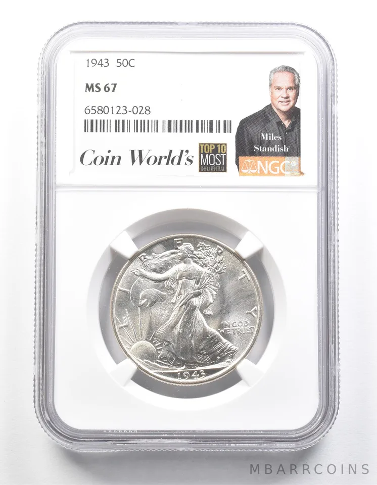 1943 Walking Liberty Half Dollar MS67 NGC Miles Standish Label