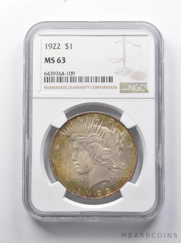 MS63 1922 Peace Silver Dollar NGC - Great Color a7856
