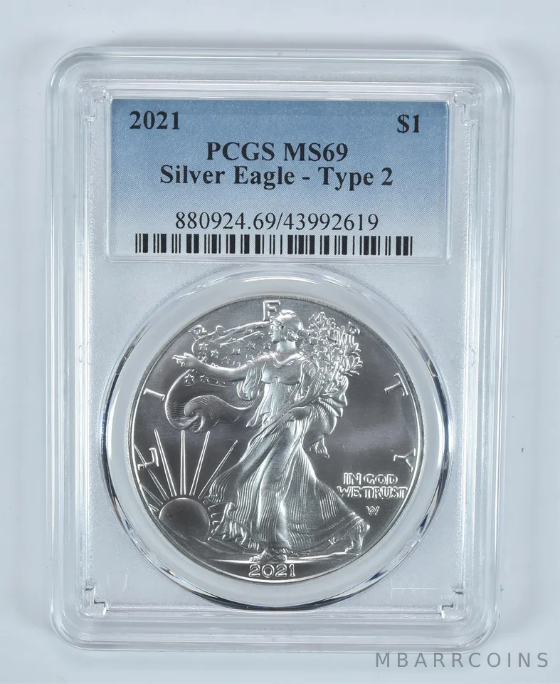 2021 American Silver Eagle Type 2 MS69 PCGS Blue Label