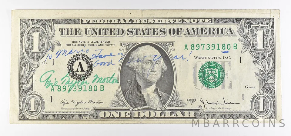 1977 A $1 Boston MA FRN Green Seal Courtesy Signature a0910