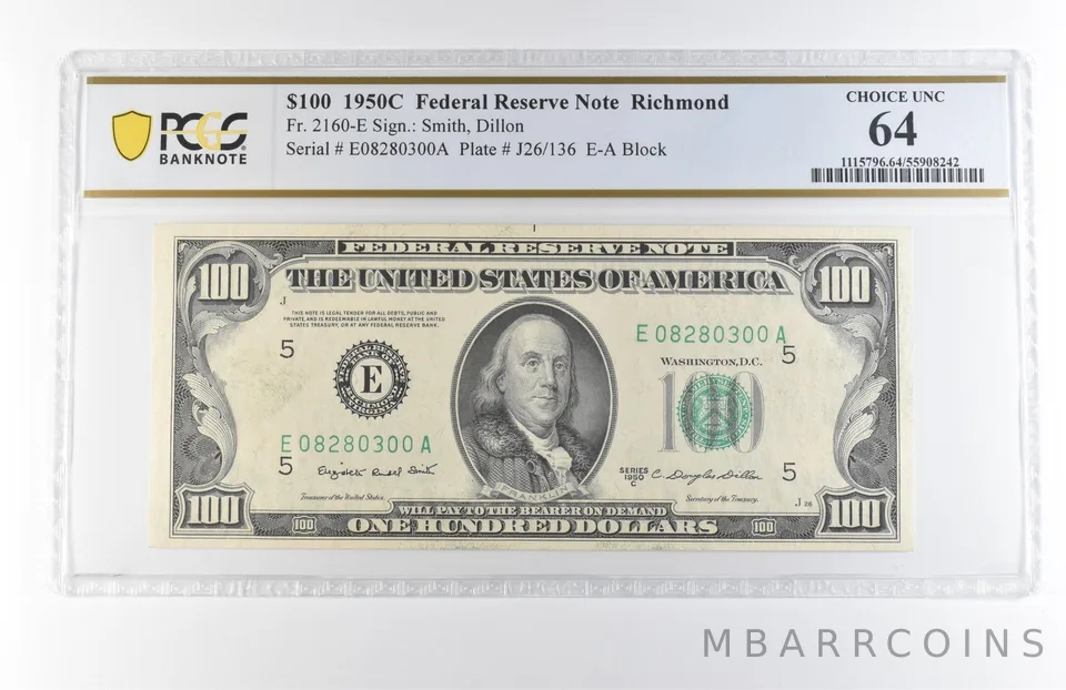 1950 C $100 Richmond VA FRN Fr#2160-E Choice Unc 64 PCGS *7865